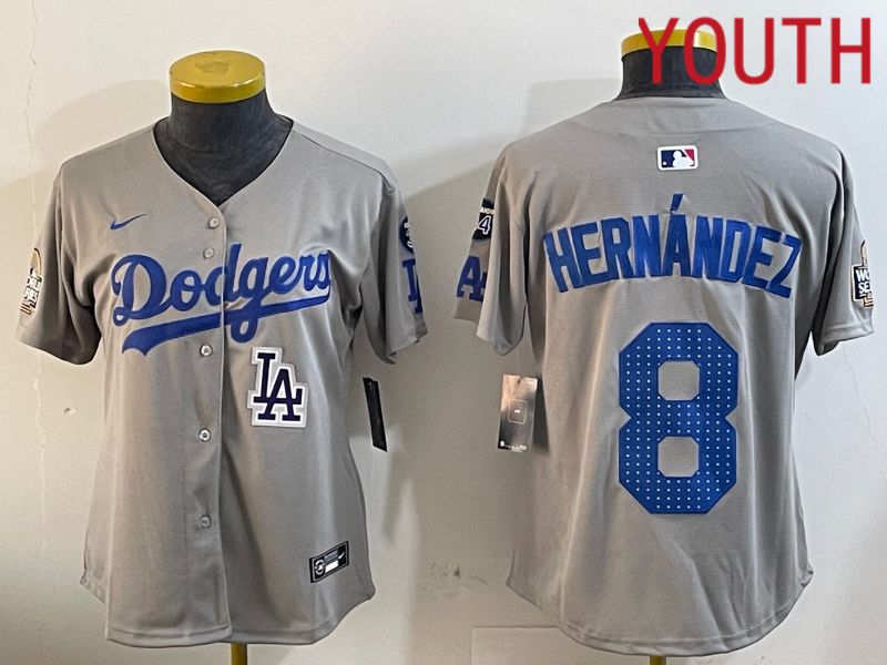 Youth Los Angeles Dodgers #8 Hernandez Grey Game 2024 Nike MLB Jersey style 1205->youth mlb jersey->Youth Jersey